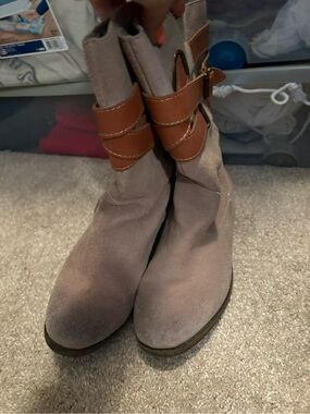 Women's Taupe Suede Ankle Boots with Brown Strap